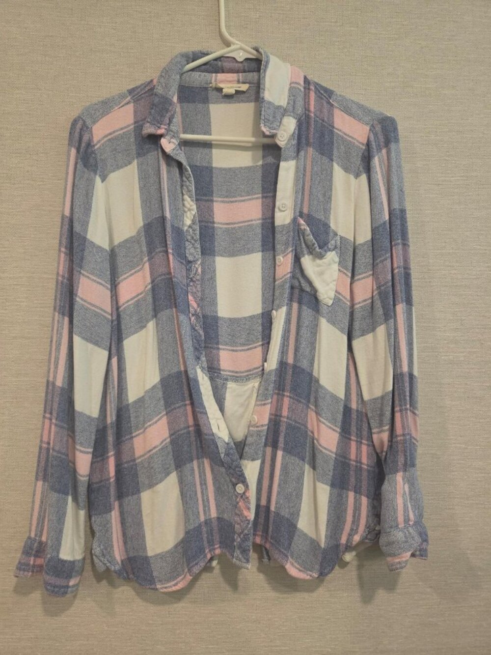 Beachlunchlounge Blue Pink Plaid Rayon Button Down Shirt L